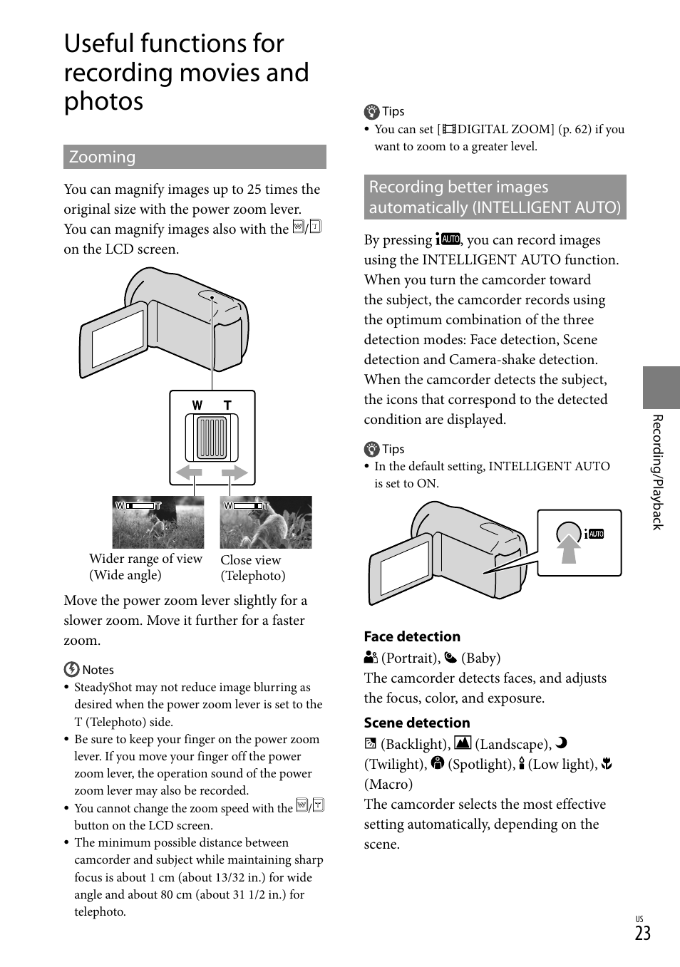 Useful functions for recording movies and photos, Zooming, O (23) | Sony DCR-SX83 User Manual | Page 23 / 96
