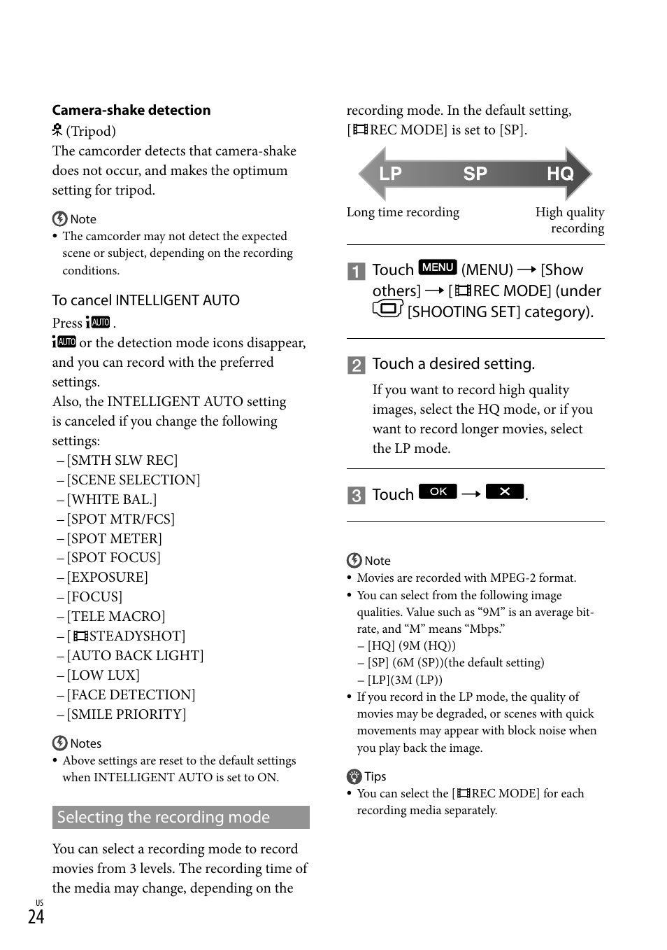 Selecting the recording mode | Sony DCR-SX83 User Manual | Page 24 / 96