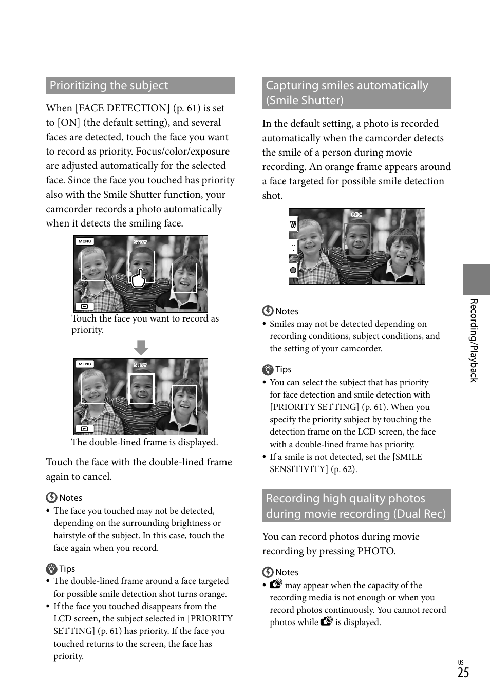 Prioritizing the subject, Capturing smiles automatically (smile shutter), T (25) | C (25), Er (25) | Sony DCR-SX83 User Manual | Page 25 / 96