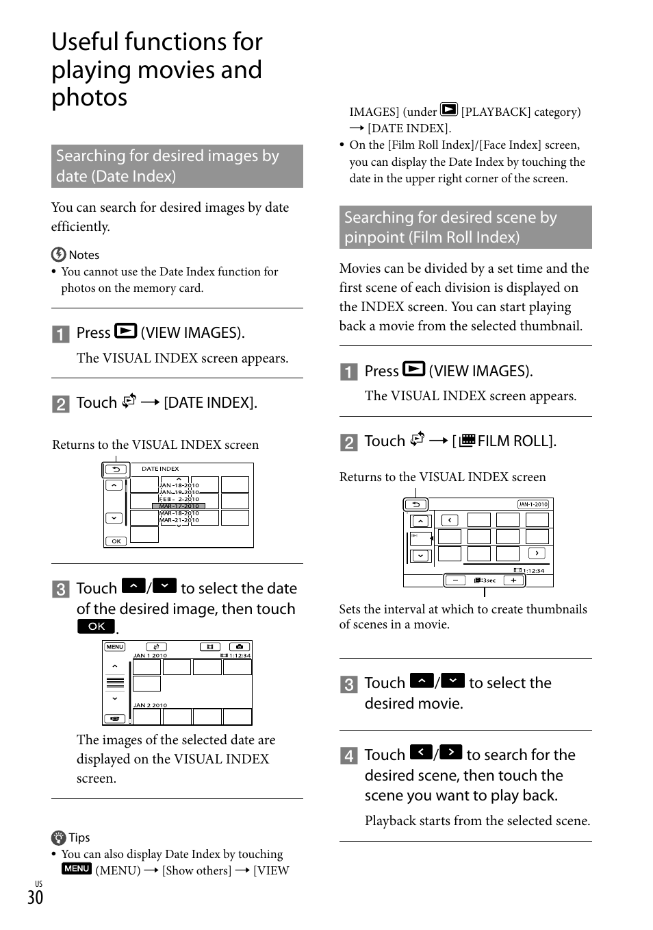 Useful functions for playing movies and photos, Searching for desired images by date (date index) | Sony DCR-SX83 User Manual | Page 30 / 96