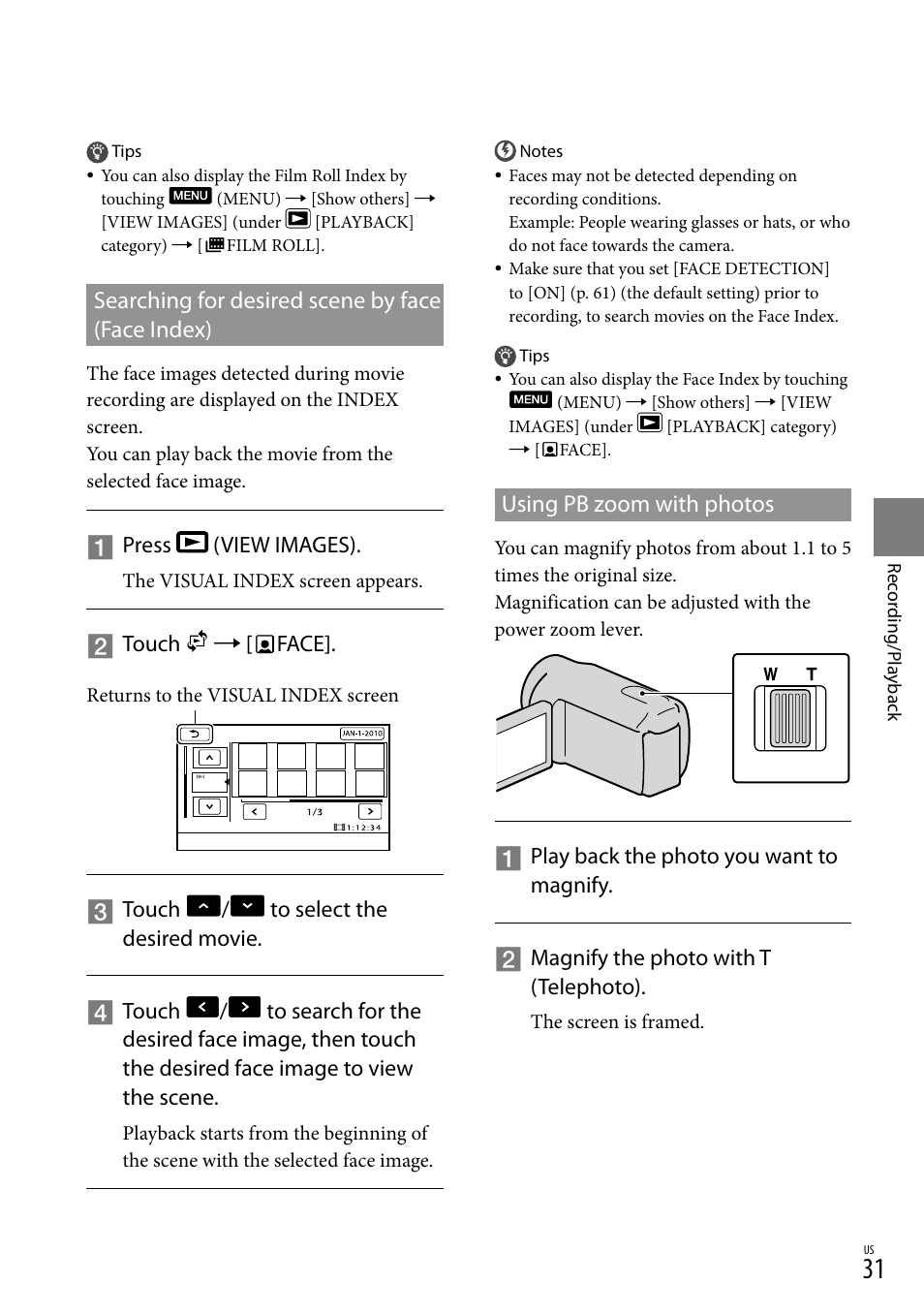 Searching for desired scene by face (face index), Using pb zoom with photos | Sony DCR-SX83 User Manual | Page 31 / 96