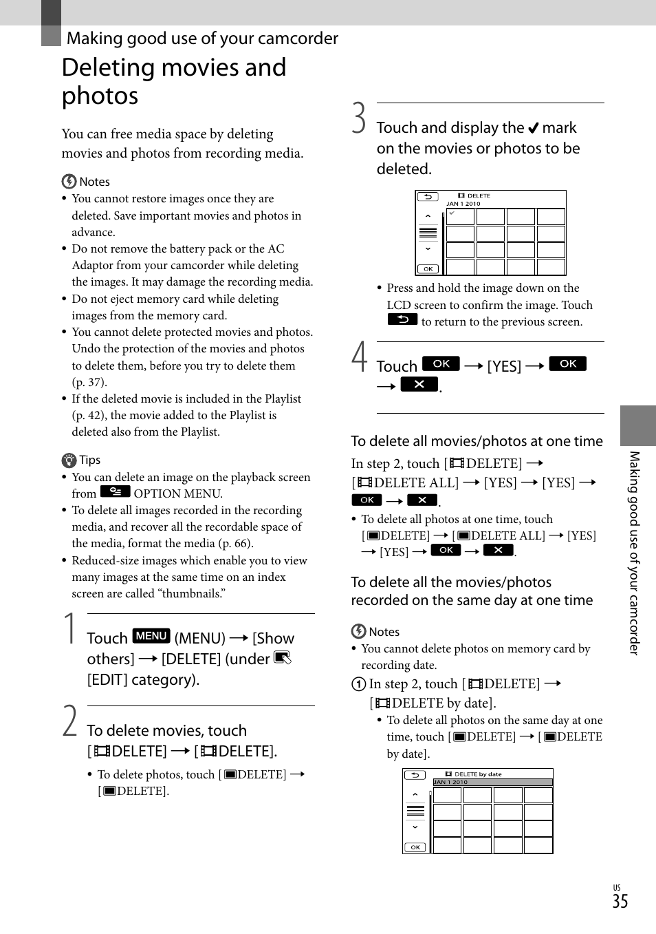 Making good use of your camcorder, Deleting movies and photos, Making good use of your | Camcorder | Sony DCR-SX83 User Manual | Page 35 / 96