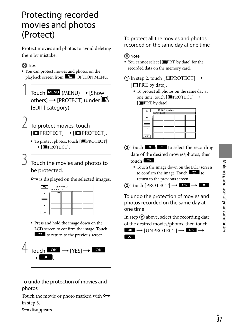 Protecting recorded movies and photos (protect) | Sony DCR-SX83 User Manual | Page 37 / 96