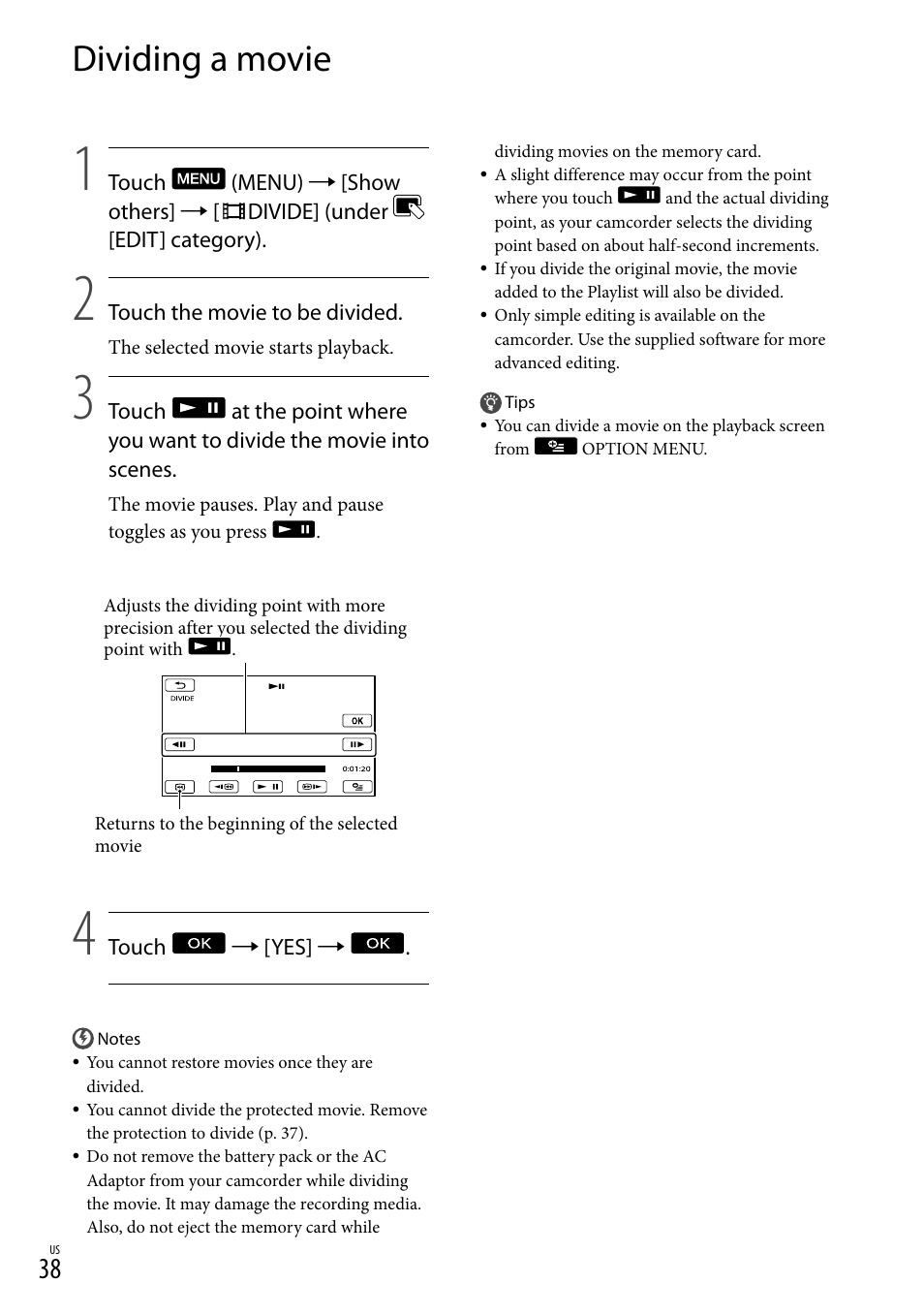 Dividing a movie | Sony DCR-SX83 User Manual | Page 38 / 96