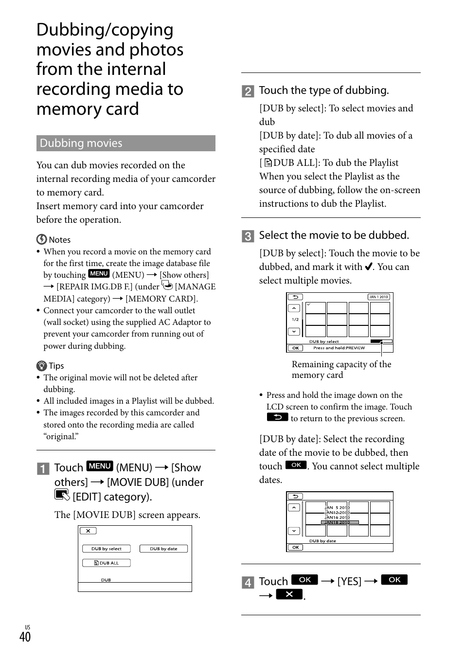 Dubbing movies, To memory card | Sony DCR-SX83 User Manual | Page 40 / 96