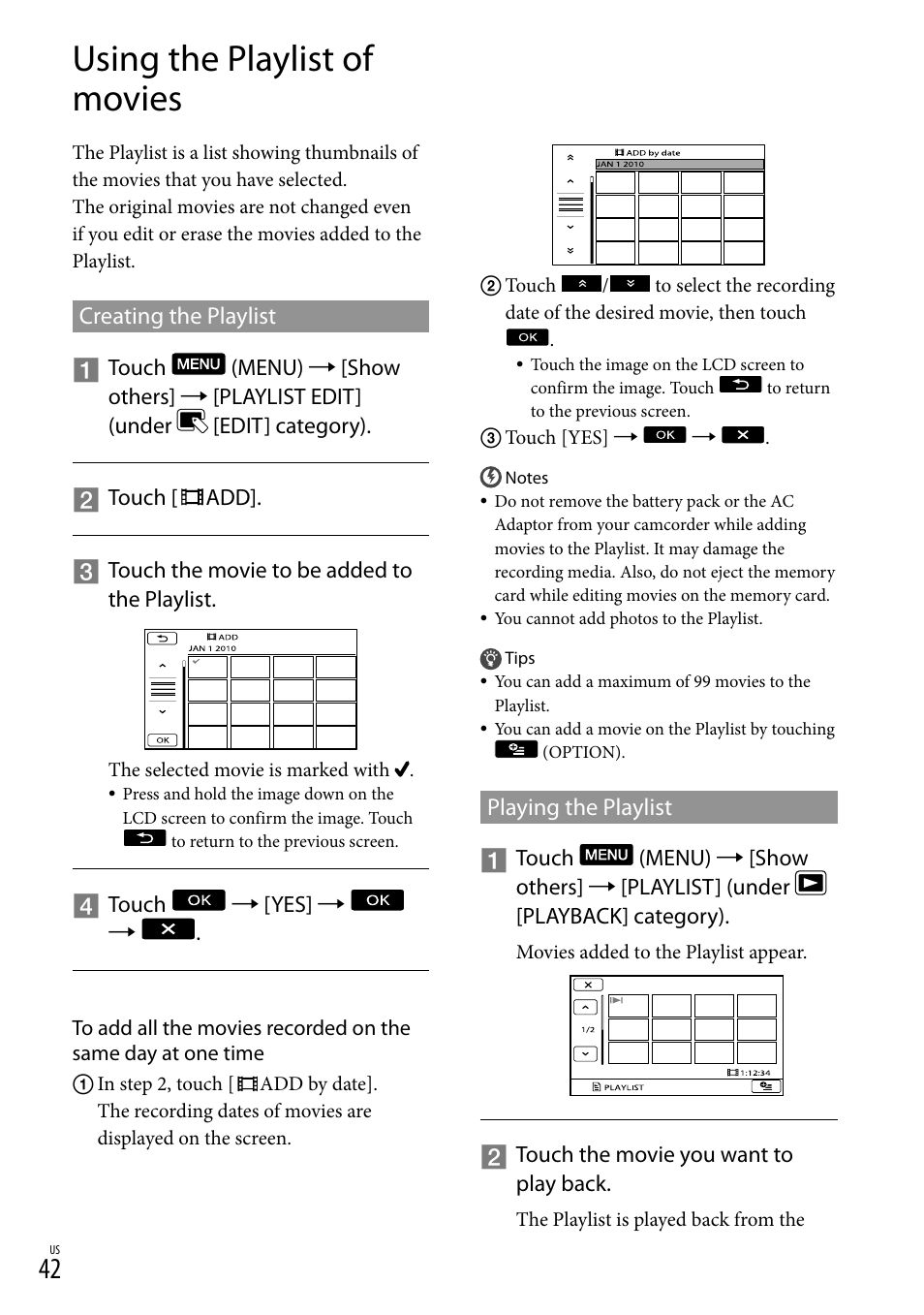 Using the playlist of movies, Creating the playlist, Playing the playlist | Creating the playlist playing the playlist | Sony DCR-SX83 User Manual | Page 42 / 96