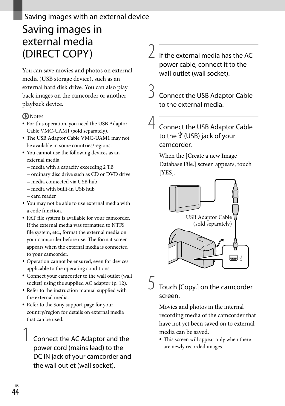 Saving images with an external device, Saving images in external media (direct copy), Saving images with an | External device | Sony DCR-SX83 User Manual | Page 44 / 96