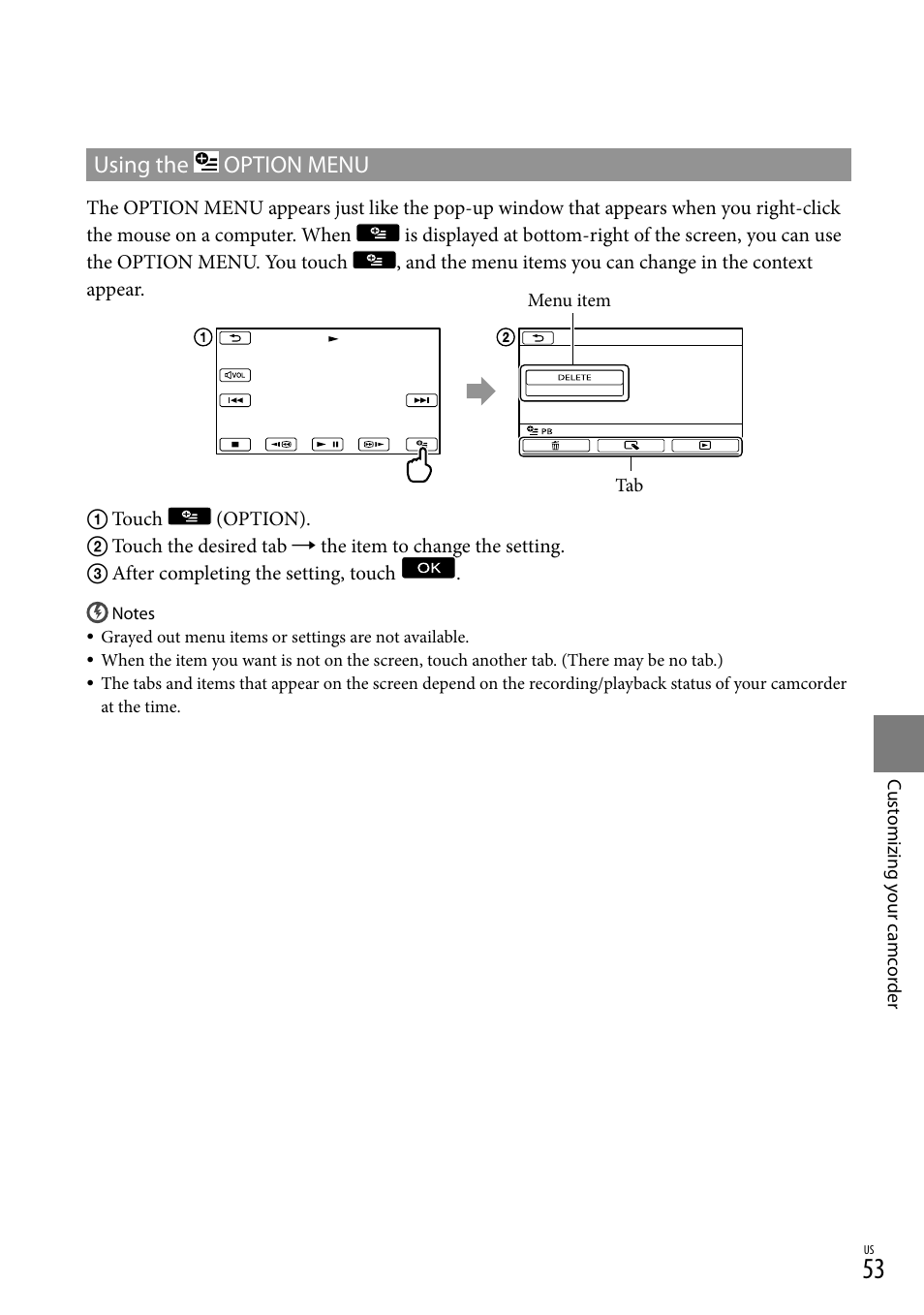 Using the option menu, Using the, Option menu | Sony DCR-SX83 User Manual | Page 53 / 96