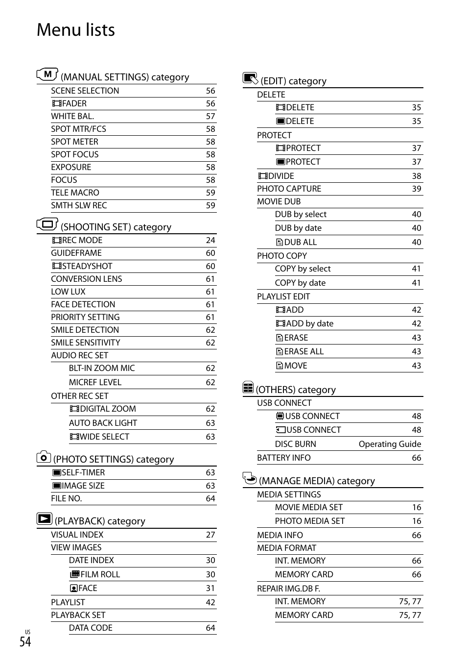 Menu lists | Sony DCR-SX83 User Manual | Page 54 / 96