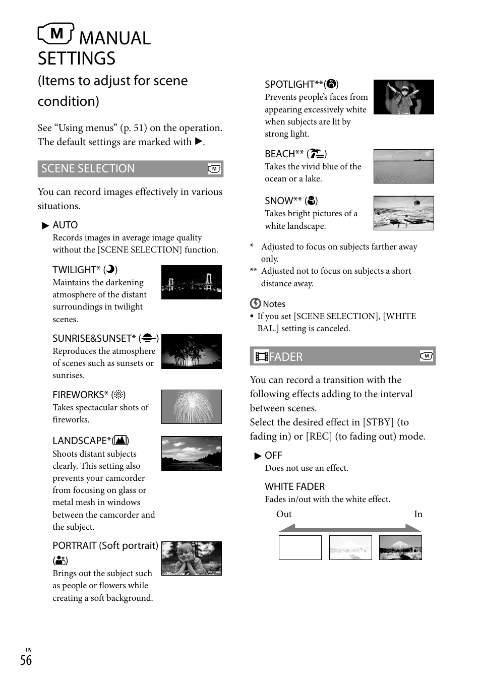 Rks (56), T (56), Manual settings | Items to adjust for scene condition), Scene selection, Fader | Sony DCR-SX83 User Manual | Page 56 / 96