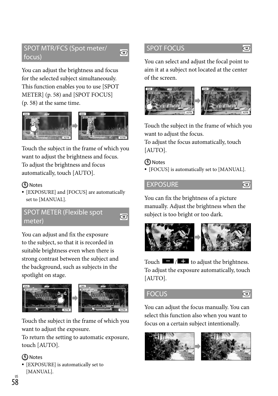 Cus (58), Spot mtr/fcs (spot meter/ focus), Spot meter (flexible spot meter) | Spot focus, Exposure, Focus | Sony DCR-SX83 User Manual | Page 58 / 96