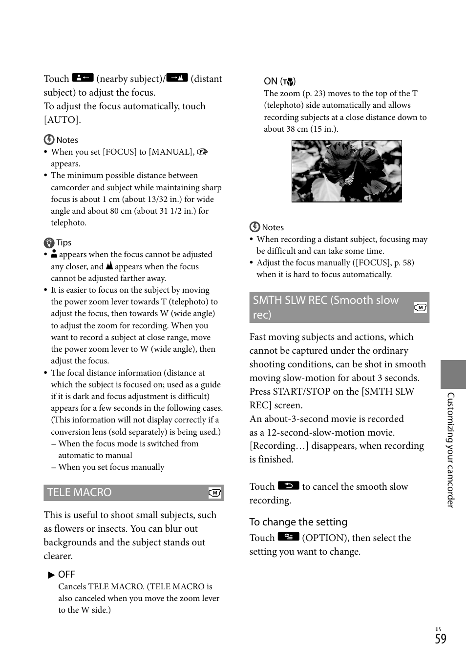 W rec (59), Tele macro, Smth slw rec (smooth slow rec) | Sony DCR-SX83 User Manual | Page 59 / 96