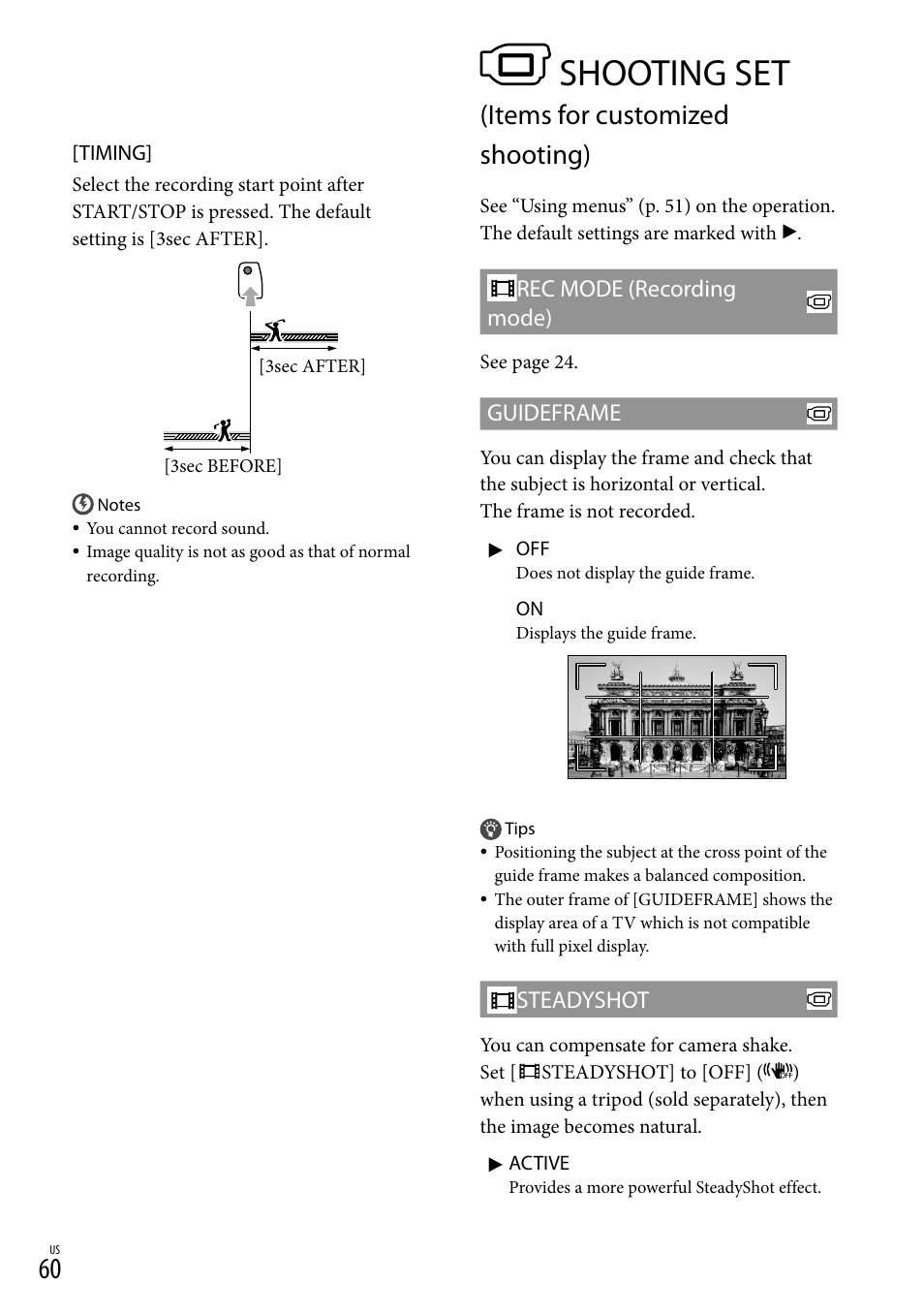 Shooting set (items for customized shooting), 60), a, Shooting set | Items for customized shooting), Rec mode (recording mode), Guideframe, Steadyshot | Sony DCR-SX83 User Manual | Page 60 / 96