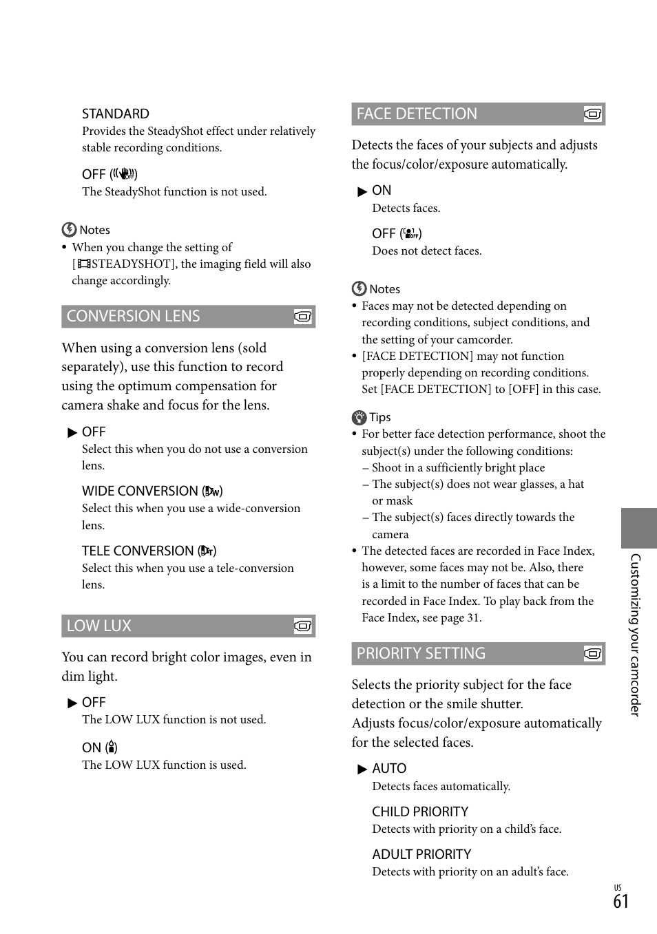 Ux (61), 61) i, 61) h | 61). w, Conversion lens, Low lux, Face detection, Priority setting | Sony DCR-SX83 User Manual | Page 61 / 96