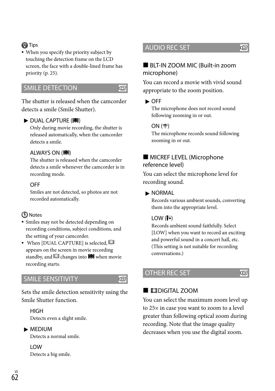 Audio rec set, Other rec set, Smile detection | Smile sensitivity | Sony DCR-SX83 User Manual | Page 62 / 96