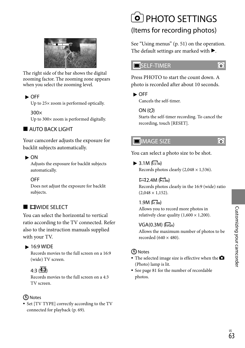 Photo settings (items for recording photos), Photo settings, Items for recording photos) | Self-timer, Image size | Sony DCR-SX83 User Manual | Page 63 / 96