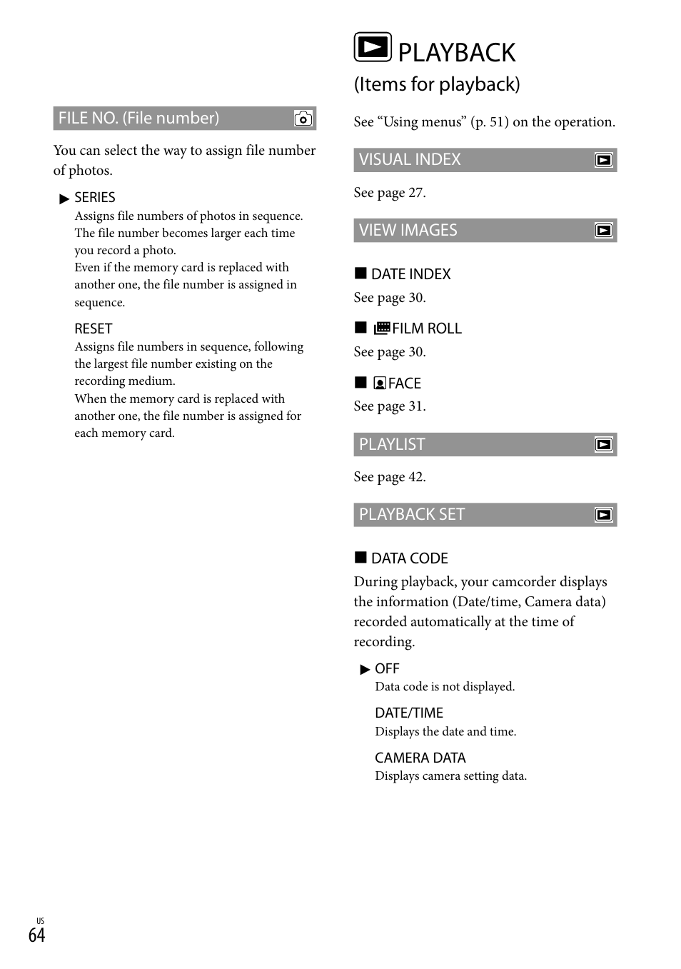 Playback (items for playback), Playback, Items for playback) | Sony DCR-SX83 User Manual | Page 64 / 96