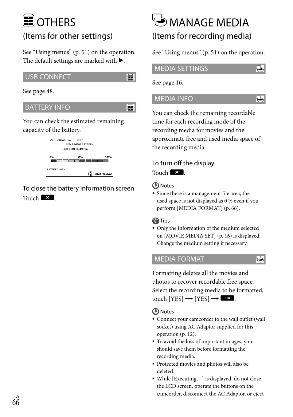 Others (items for other settings), Manage media (items for recording media), 66) i | Others, Manage media, Items for other settings), Items for recording media), Usb connect, Battery info, Media settings | Sony DCR-SX83 User Manual | Page 66 / 96