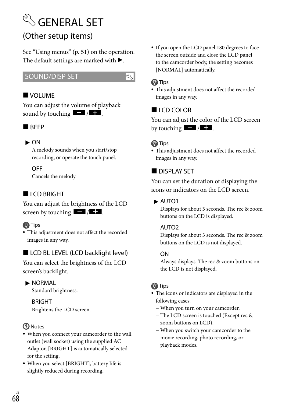 General set (other setup items), General set, Other setup items) | Sound/disp set | Sony DCR-SX83 User Manual | Page 68 / 96