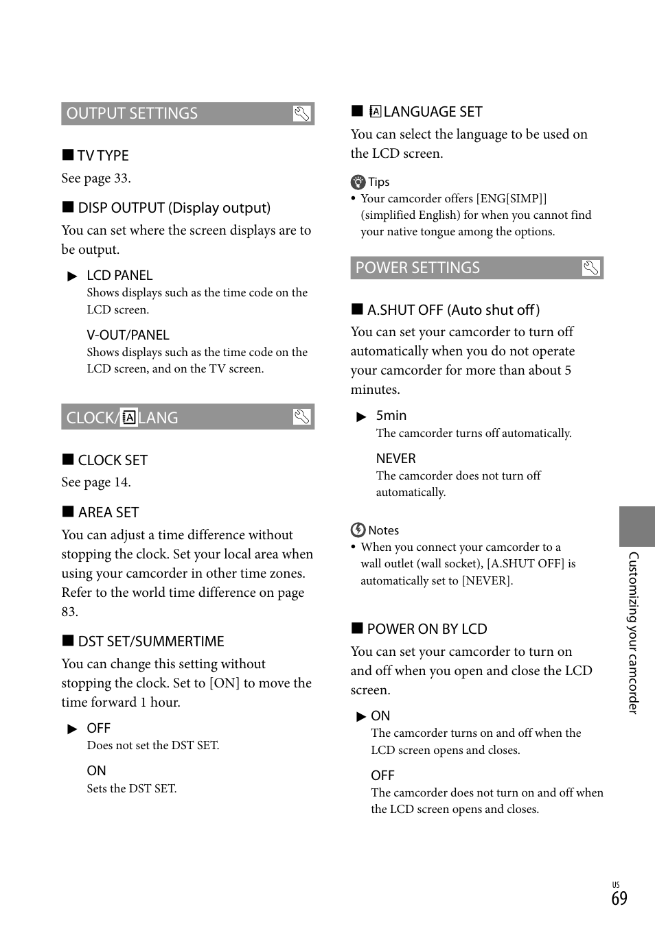 Output settings, Clock/ lang, Power settings | Sony DCR-SX83 User Manual | Page 69 / 96