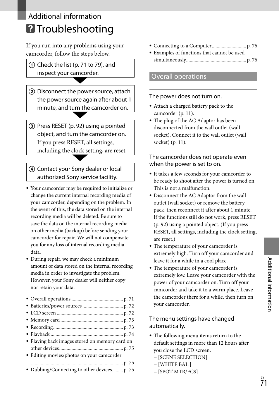 Additional information, Troubleshooting, Overall operations | Sony DCR-SX83 User Manual | Page 71 / 96