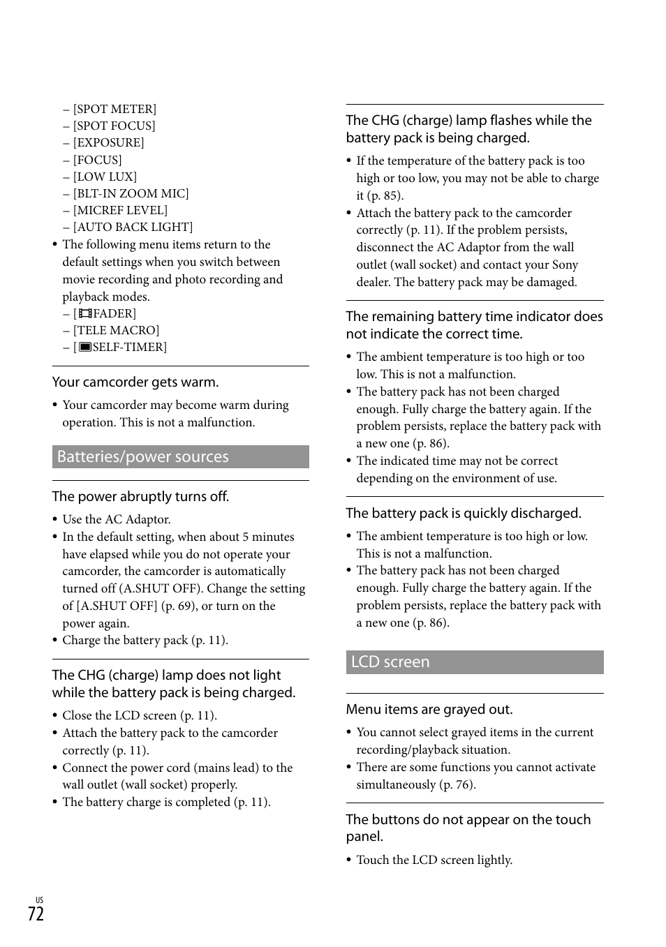 Batteries/power sources, Lcd screen | Sony DCR-SX83 User Manual | Page 72 / 96
