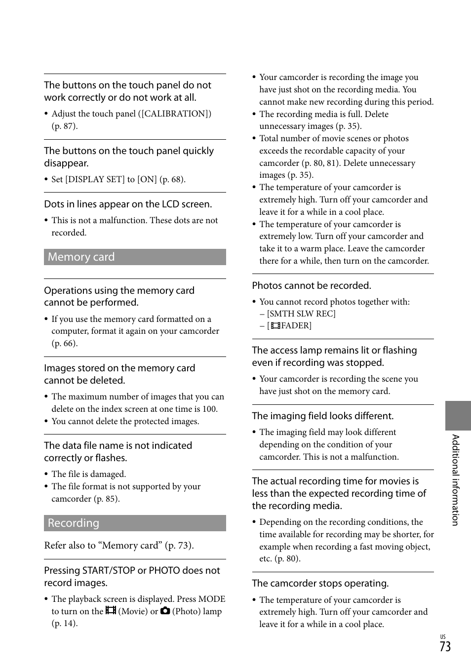 Memory card, Recording | Sony DCR-SX83 User Manual | Page 73 / 96