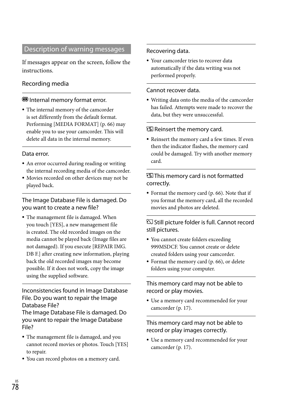 Description of warning messages, Recording media | Sony DCR-SX83 User Manual | Page 78 / 96