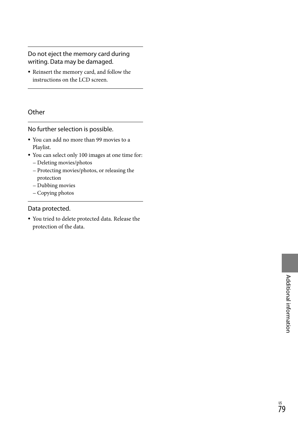O 79), and, Other | Sony DCR-SX83 User Manual | Page 79 / 96