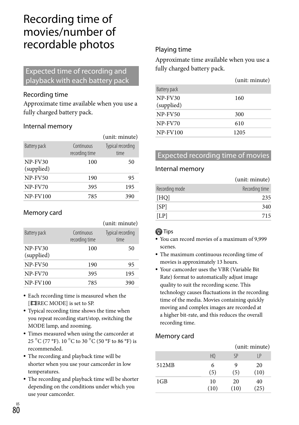 Expected recording time of movies, E 80 o, 80, 81). d | Sony DCR-SX83 User Manual | Page 80 / 96
