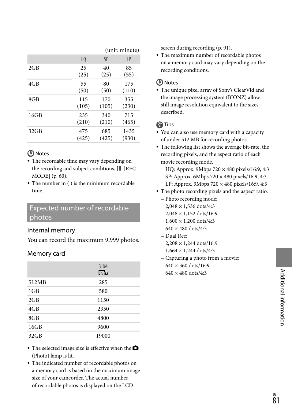 Expected number of recordable photos | Sony DCR-SX83 User Manual | Page 81 / 96
