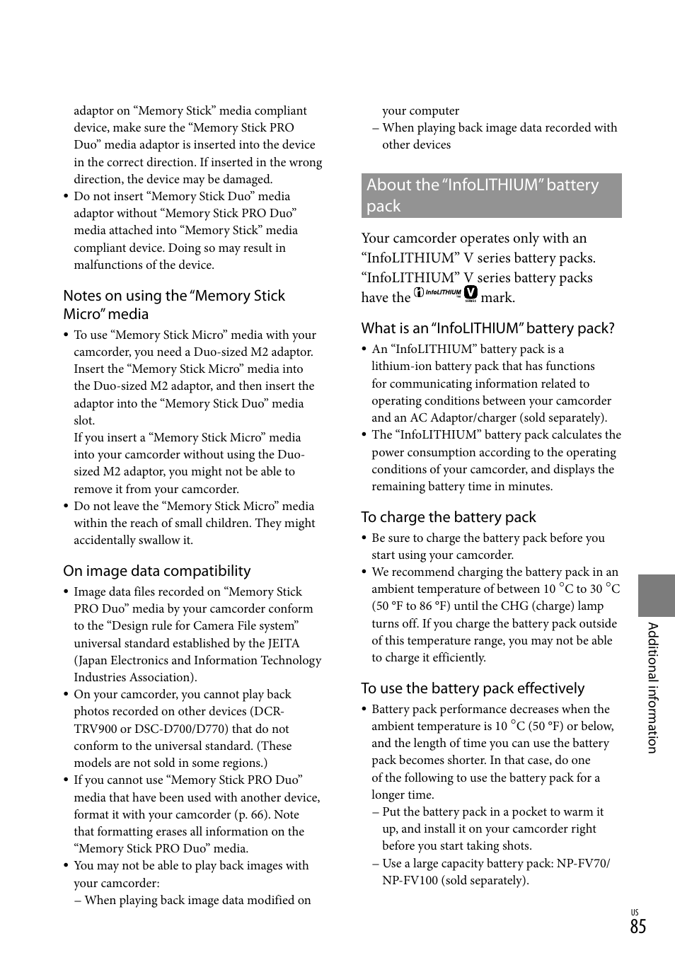 About the “infolithium” battery pack, On image data compatibility, What is an “infolithium” battery pack | Sony DCR-SX83 User Manual | Page 85 / 96