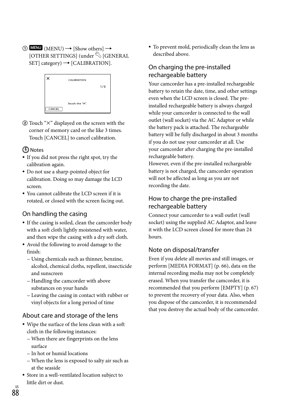 On handling the casing, About care and storage of the lens, On charging the pre-installed rechargeable battery | Sony DCR-SX83 User Manual | Page 88 / 96