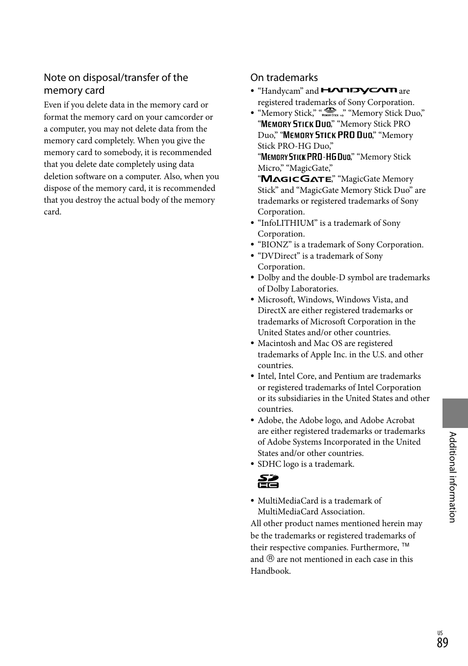 On trademarks | Sony DCR-SX83 User Manual | Page 89 / 96