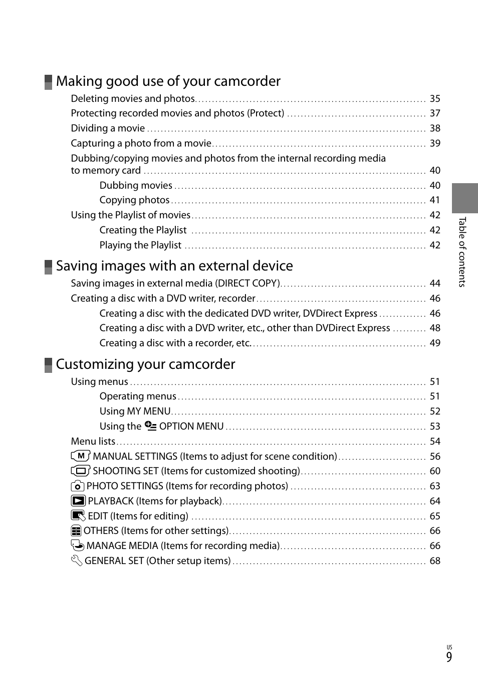 Making good use of your camcorder, Saving images with an external device, Customizing your camcorder | Sony DCR-SX83 User Manual | Page 9 / 96