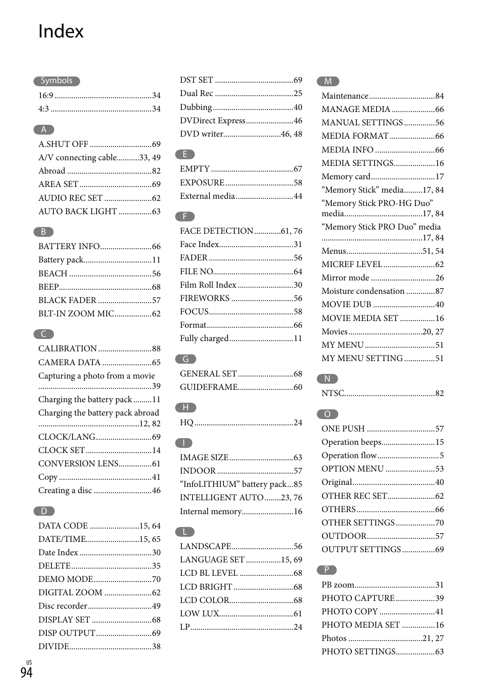 Index | Sony DCR-SX83 User Manual | Page 94 / 96