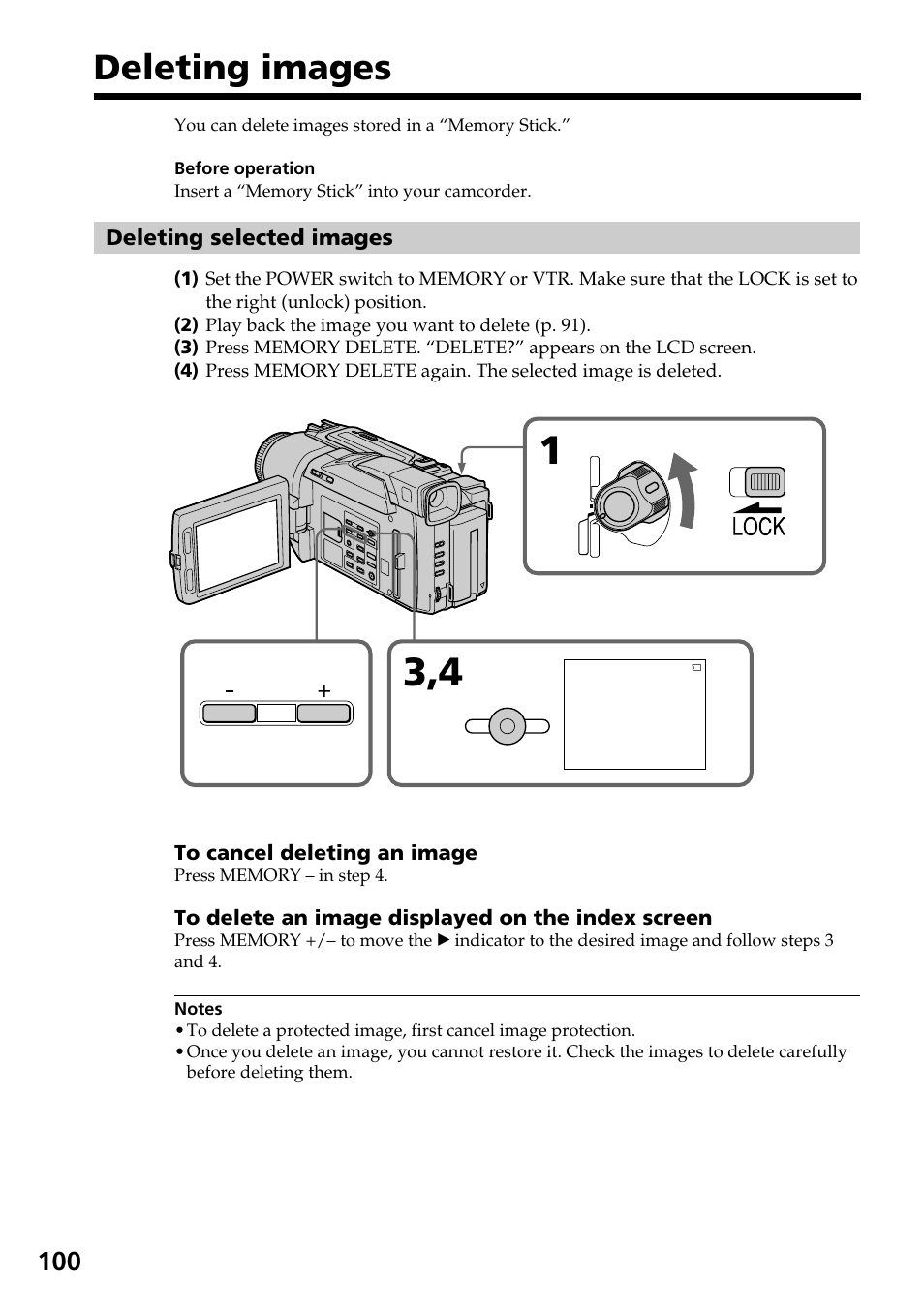 Deleting images, Deleting selected images | Sony DCR-TRV820 User Manual | Page 100 / 156
