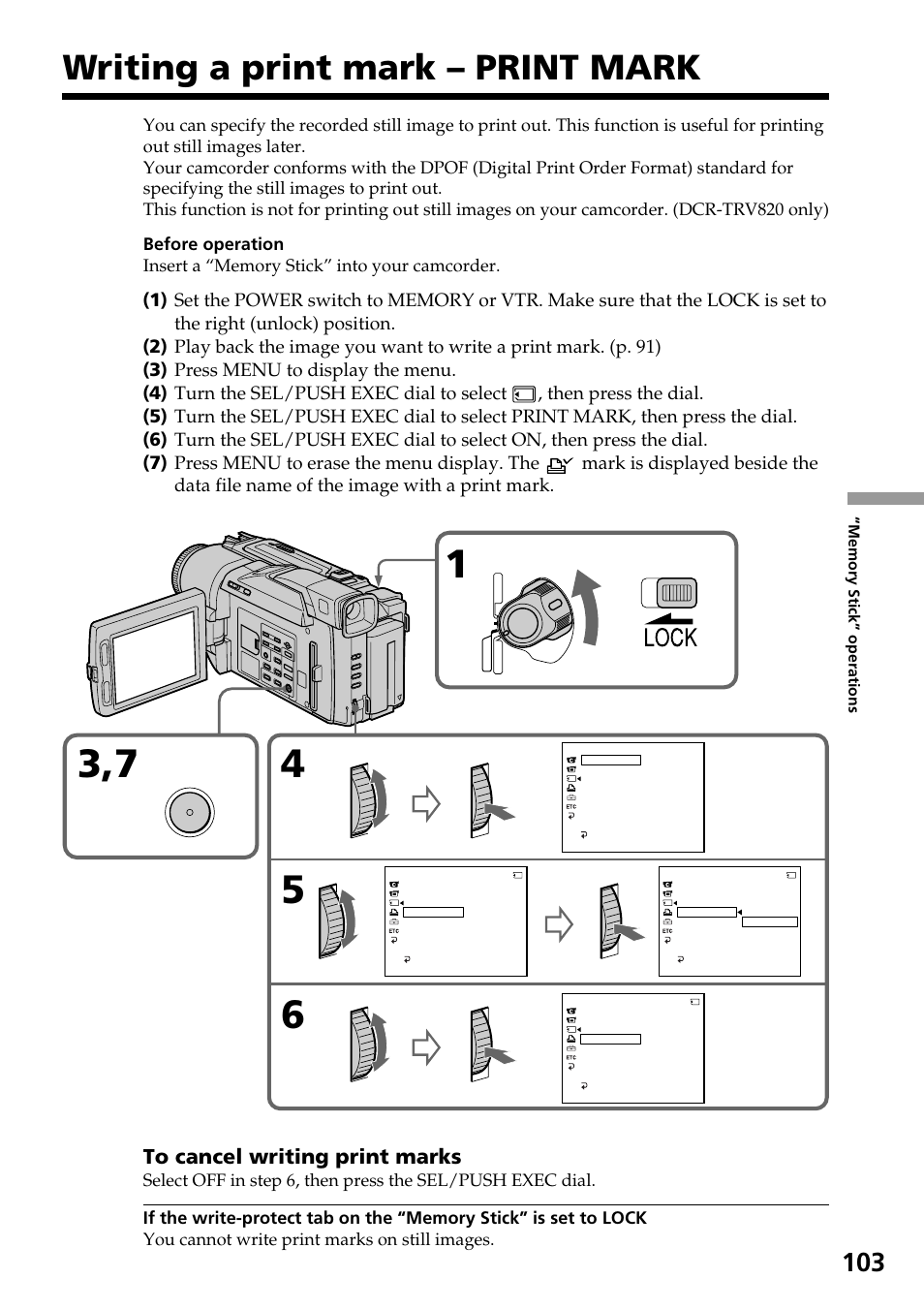 Writing a print mark – print mark | Sony DCR-TRV820 User Manual | Page 103 / 156