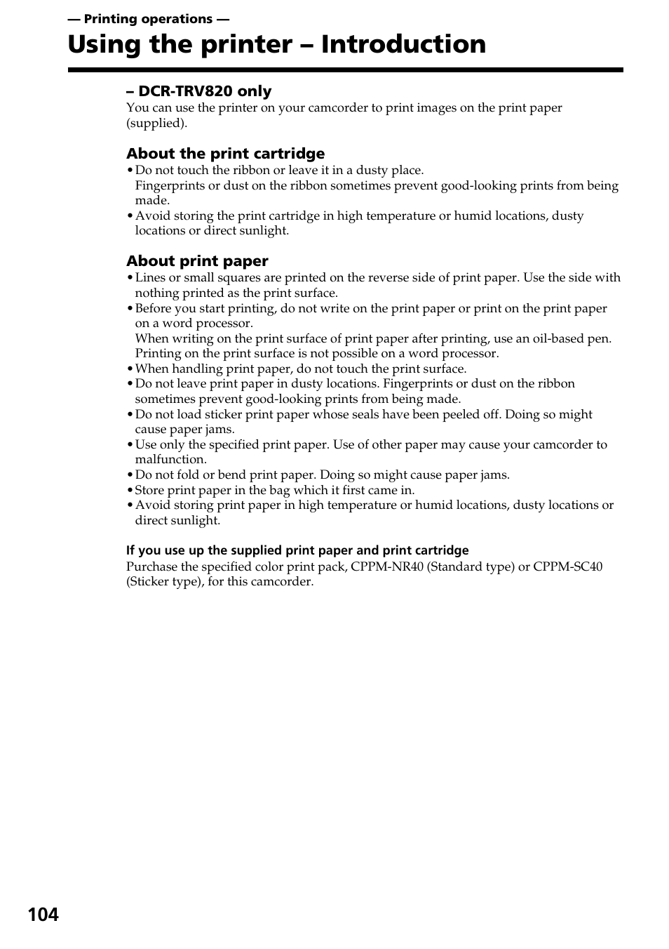 Printing operations, Using the printer – introduction | Sony DCR-TRV820 User Manual | Page 104 / 156