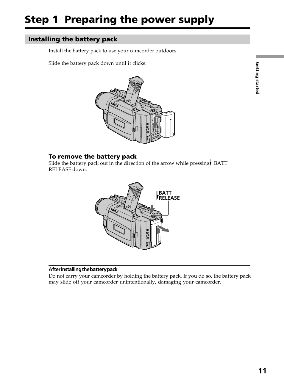 Step 1 preparing the power supply, Installing the battery pack | Sony DCR-TRV820 User Manual | Page 11 / 156