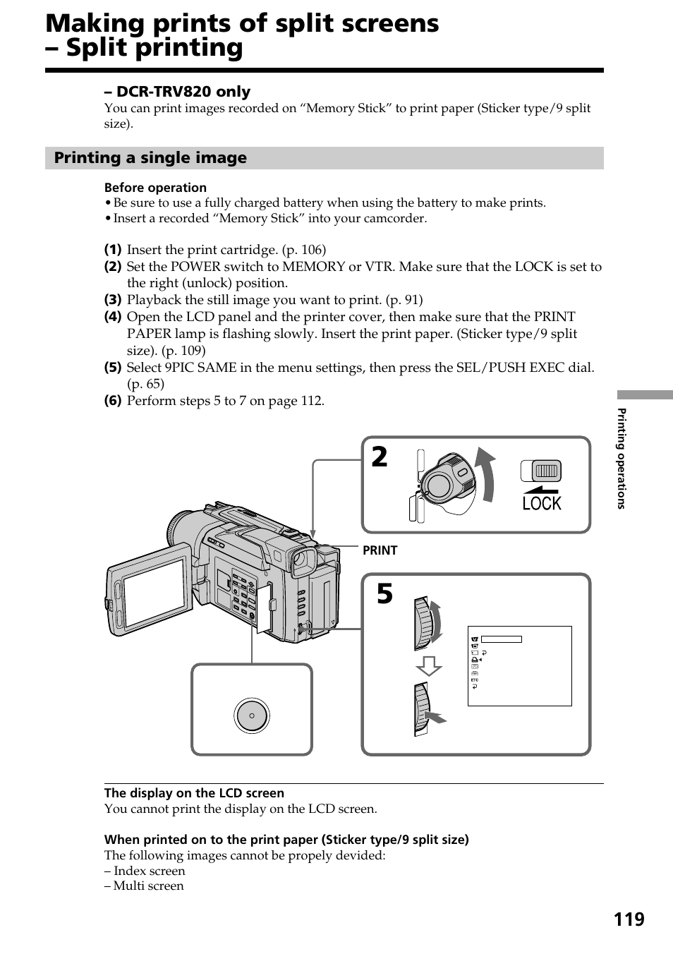 Making prints of split screens – split printing, Making prints of split screens, Split printing | Printing a single image | Sony DCR-TRV820 User Manual | Page 119 / 156