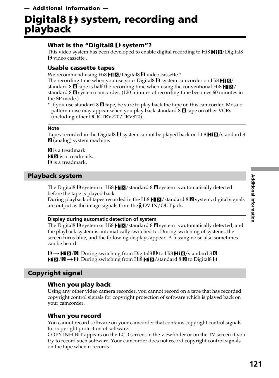 Additional information, Digital8 system, recording and playback | Sony DCR-TRV820 User Manual | Page 121 / 156