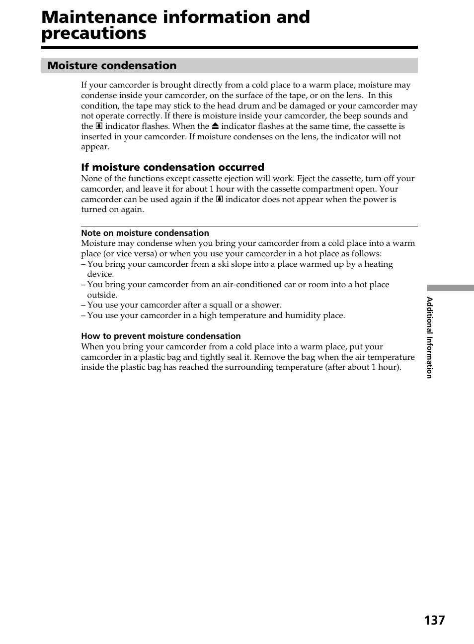 Maintenance information and precautions, Maintenance information and, Precautions | Sony DCR-TRV820 User Manual | Page 137 / 156