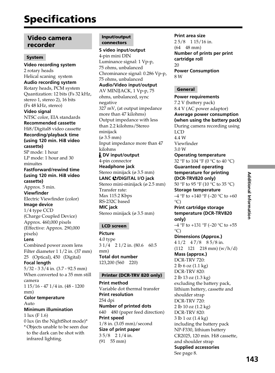 Specifications, Video camera recorder | Sony DCR-TRV820 User Manual | Page 143 / 156