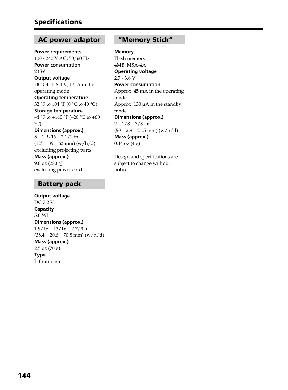 Ac power adaptor, Battery pack | Sony DCR-TRV820 User Manual | Page 144 / 156