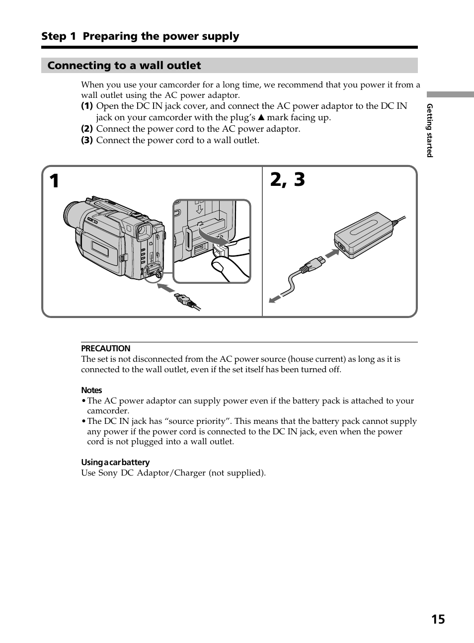 Connecting to a wall outlet | Sony DCR-TRV820 User Manual | Page 15 / 156