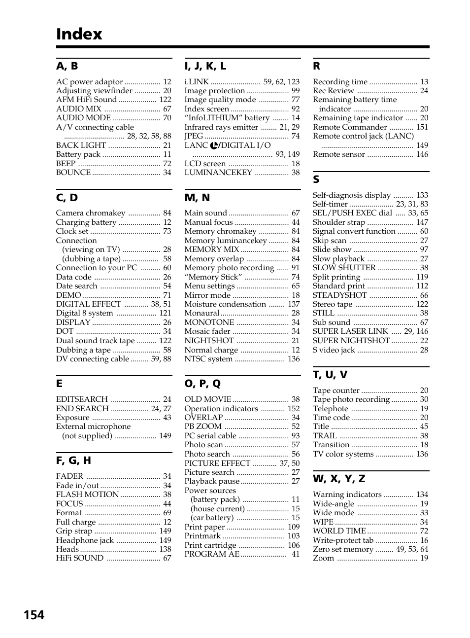 Index | Sony DCR-TRV820 User Manual | Page 154 / 156