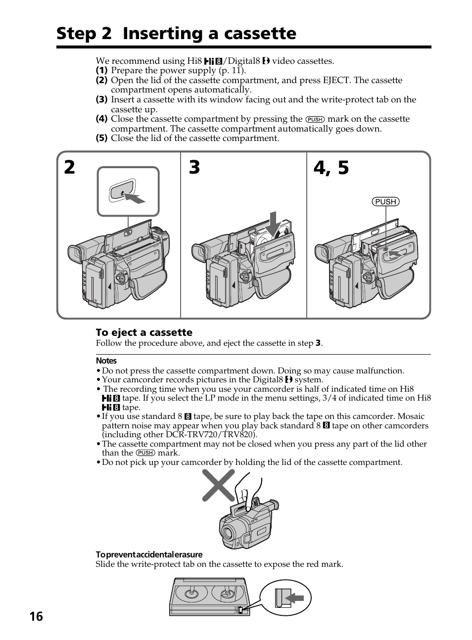 Step 2 inserting a cassette | Sony DCR-TRV820 User Manual | Page 16 / 156