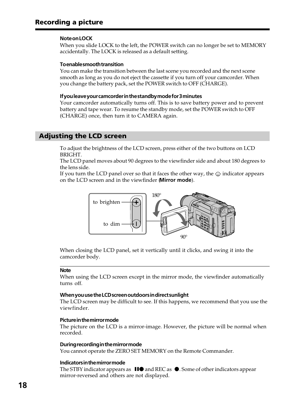 Adjusting the lcd screen, Recording a picture | Sony DCR-TRV820 User Manual | Page 18 / 156