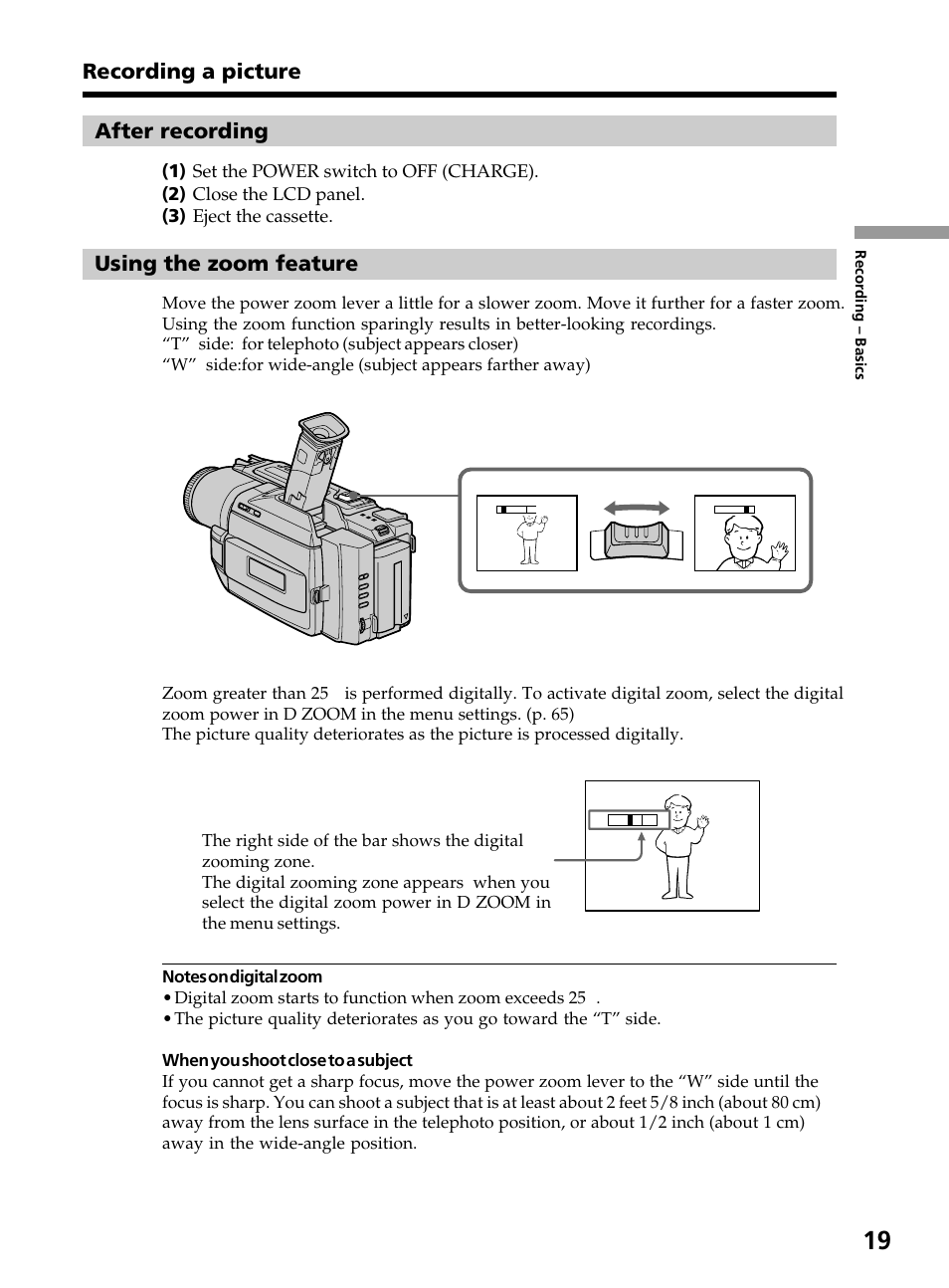 After recording, Using the zoom feature, Recording a picture | Sony DCR-TRV820 User Manual | Page 19 / 156